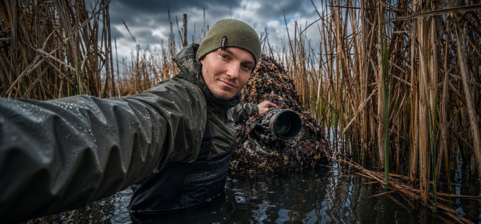 Danijel Turnšek photographing from water level among reeds in Slovenia